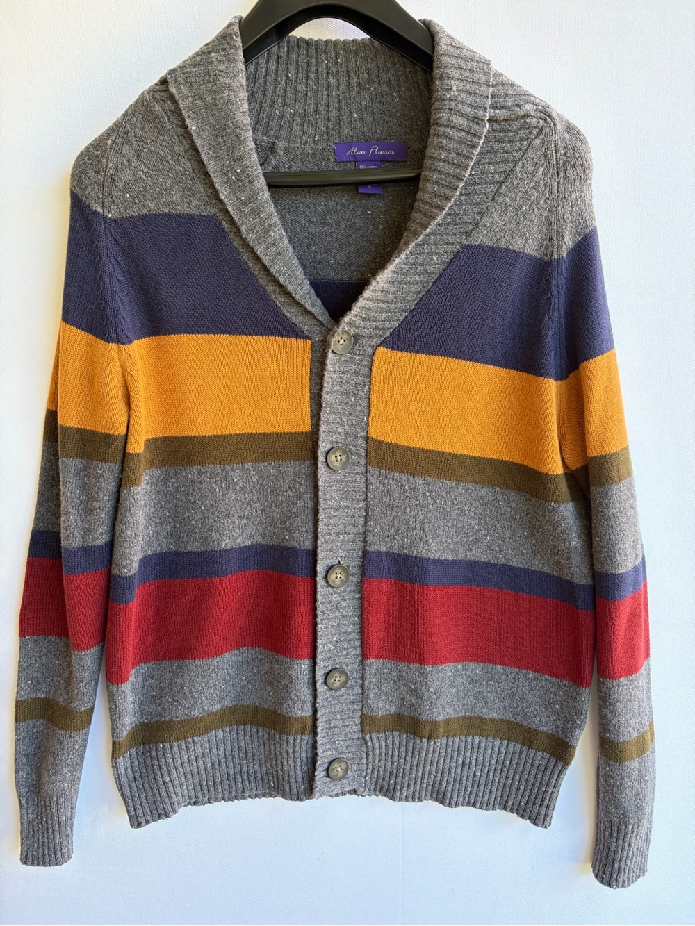 Alan Flusser Striped Shawl Collar Cardigan Sweater Size S Cotton Wool Blend
